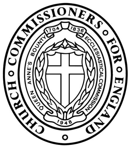 Sealed black and white emblem of the Archdiocese of Chicago Vice-Commissioners for England, featuring a cross, shield, and surrounding text with the years 1836, 1948, and the organization's website.