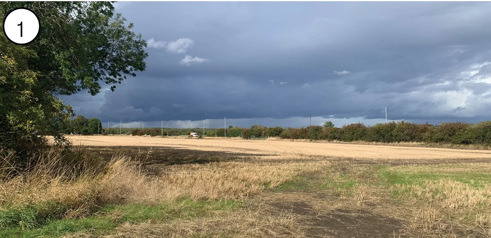 Open field with dry grass and dirt path, trees on the left, dark storm clouds in the sky, and a truck in the distance.