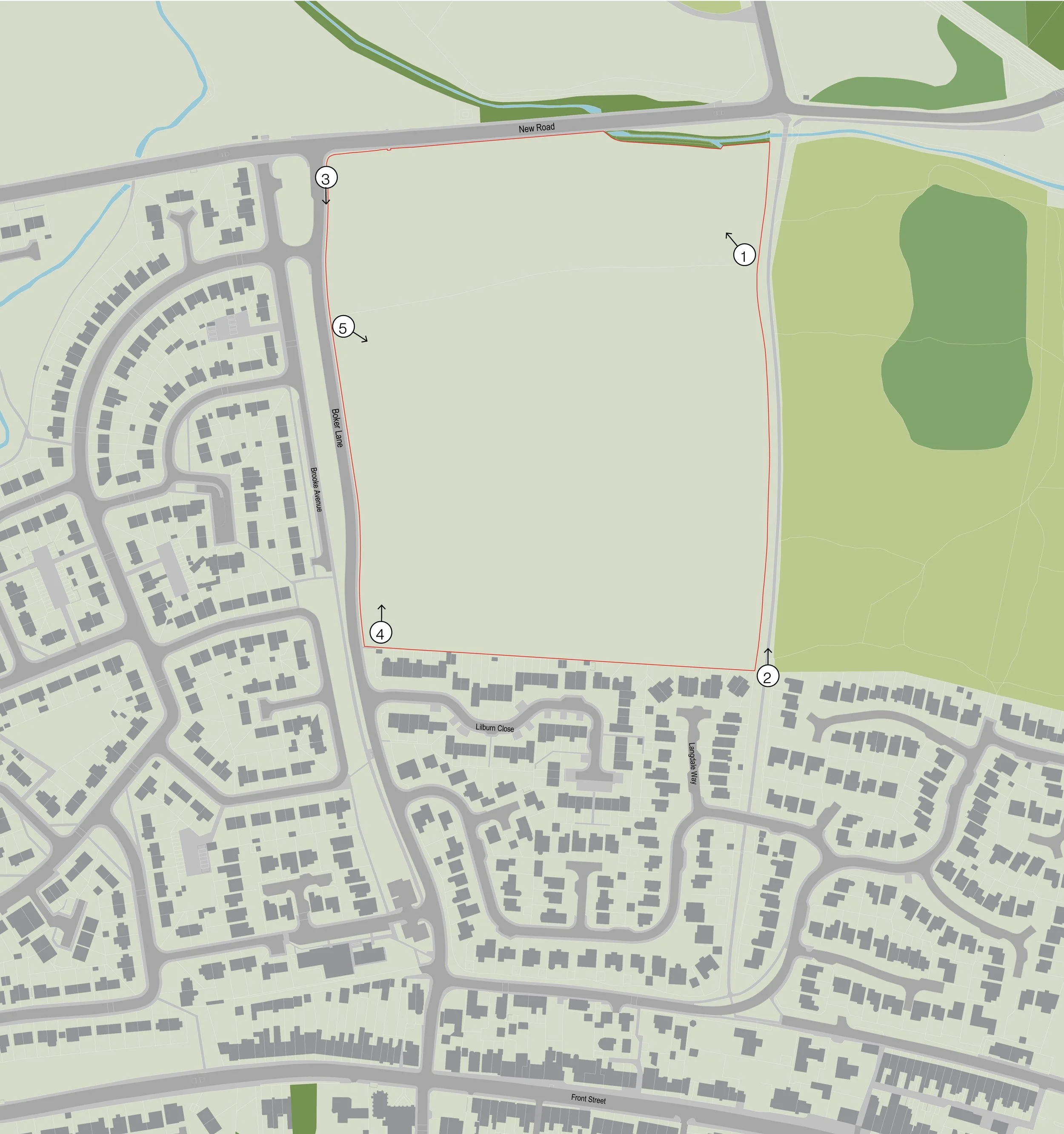 A detailed map showing roads, streets, residential area, parks, green spaces, streams, and labeled streets like New Road, Bexler Lane, and Lilburn Close.
