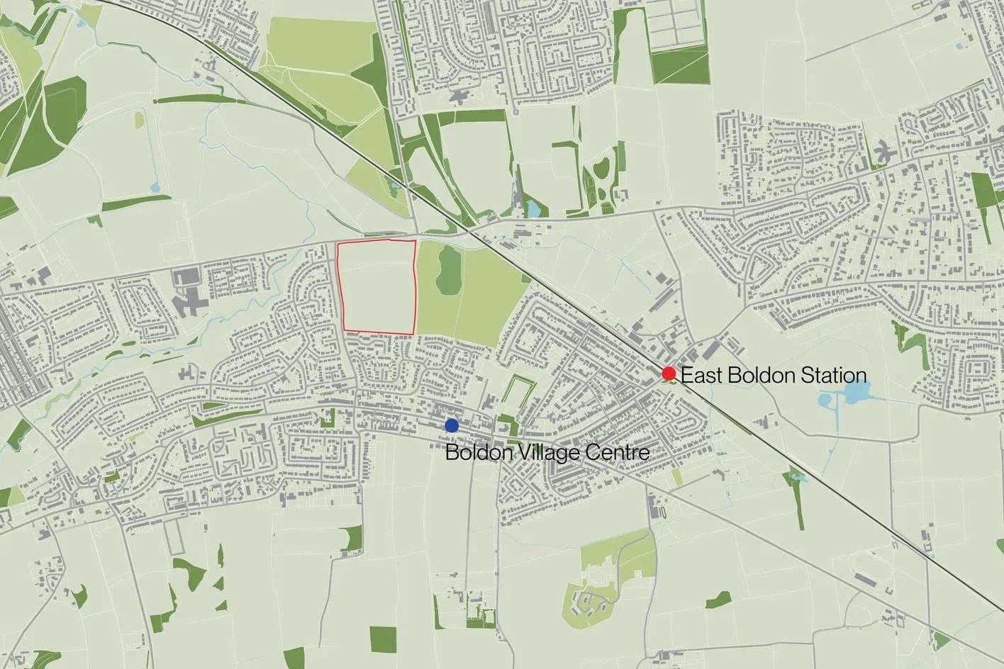 Map showing East Boldon Station, Boldon Village Centre, and surrounding residential areas with green spaces and a railway line.