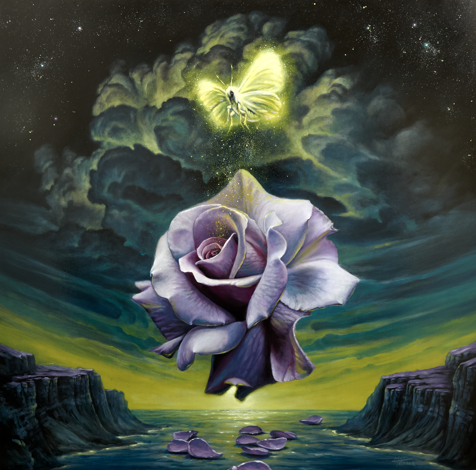 surrealism, imaginative realism, moth, cloud, rose, flower, oil painting