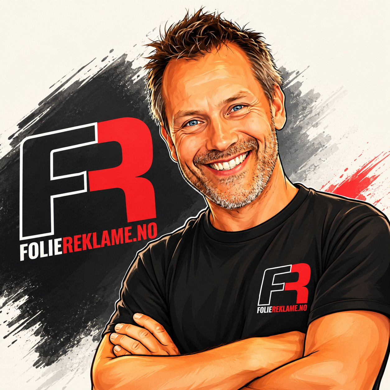 Illustrasjon av en smilende mann med kort, skjult hår, barbert ansikt og skjegg, kledd i svart T-skjorte med logoen til Foliereklame.no på brystet. Bak ham er en logo med bokstavene F og R i hvitt og rødt på en svart og hvit bakgrunn.