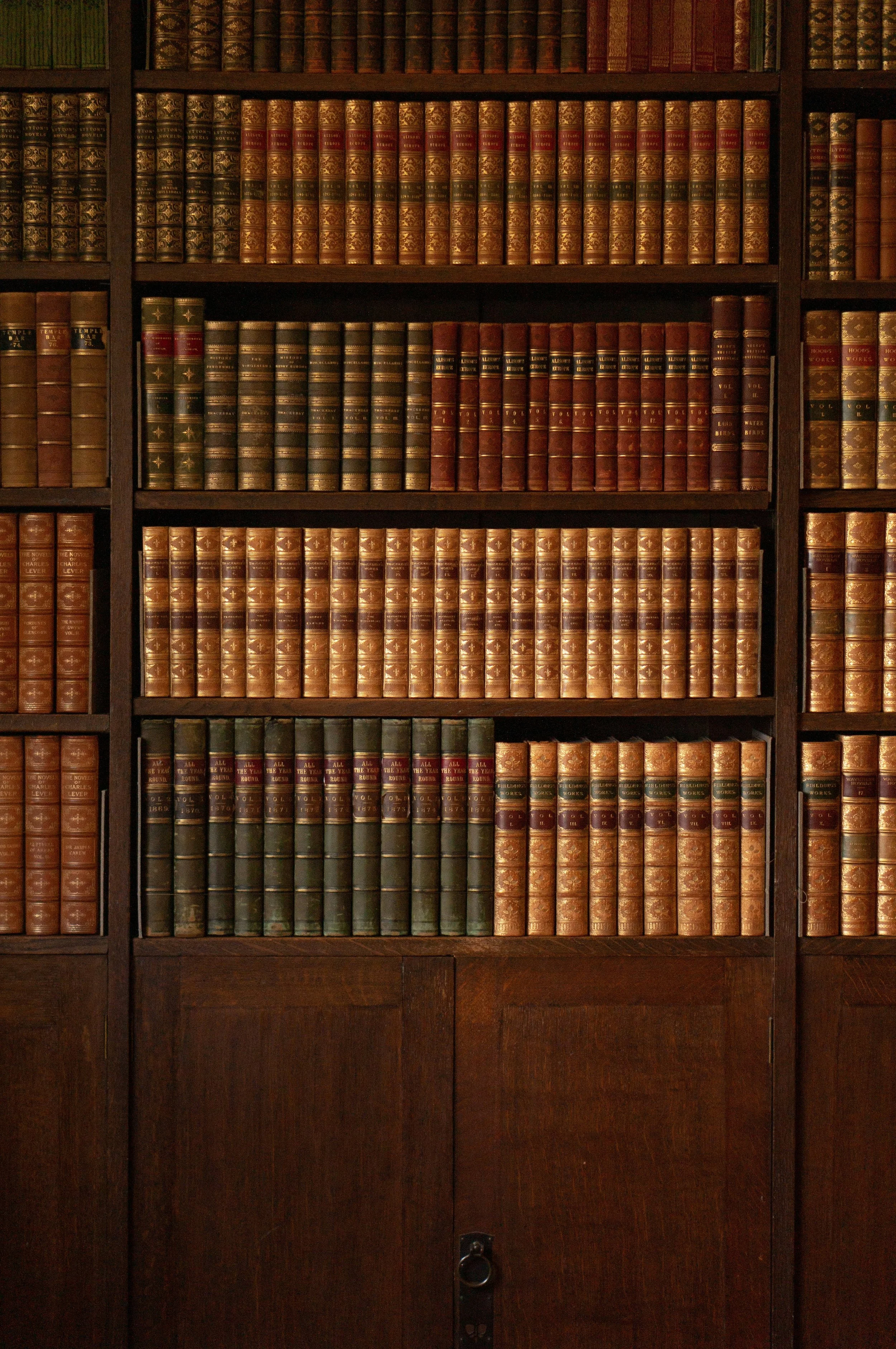 A wall of bookshelves filled with leather-bound books with gold and red accents, arranged in neat rows.