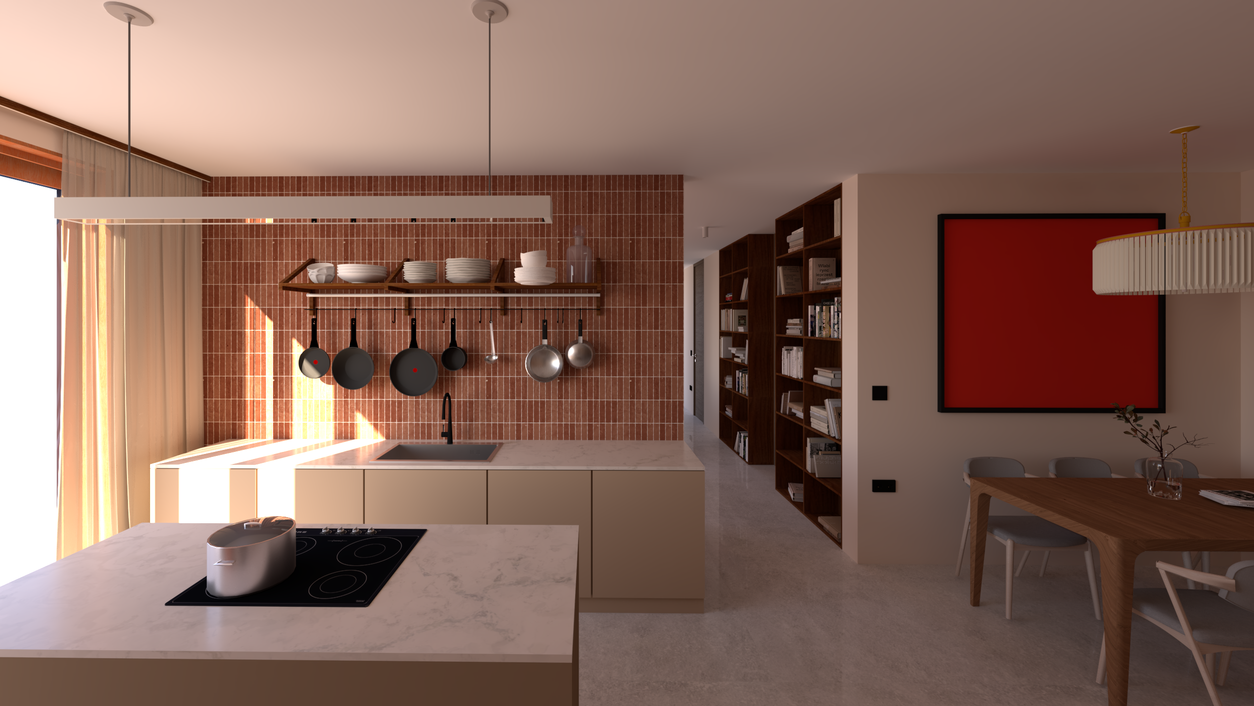 Exklusive Designküche auf Mallorca mit maßgefertigten Einbauten, Terrakottafliesen und hochwertigem Interior Design.