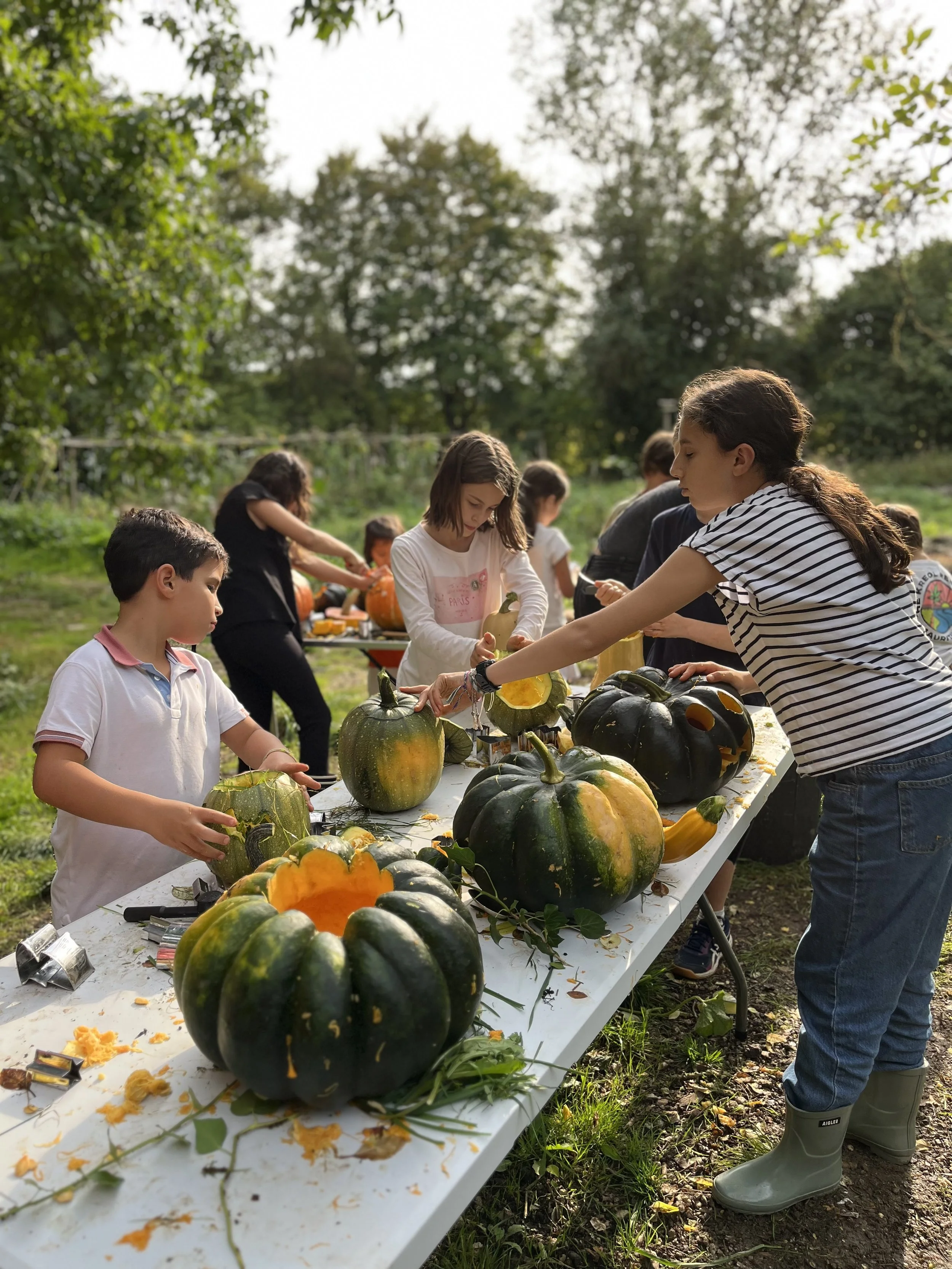 Children and adults carving and decorating pumpkins on a table outdoors during daytime.
