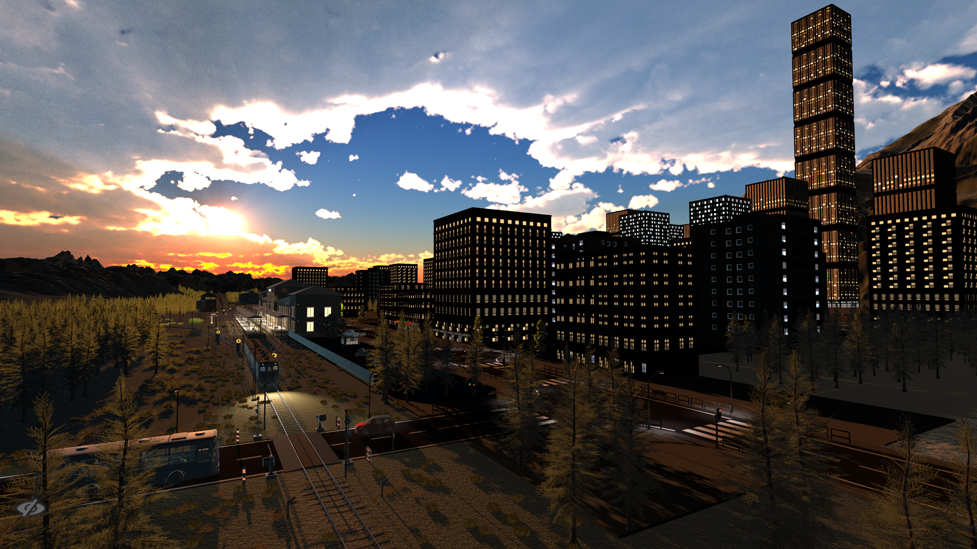 夕方の駅と線路の風景