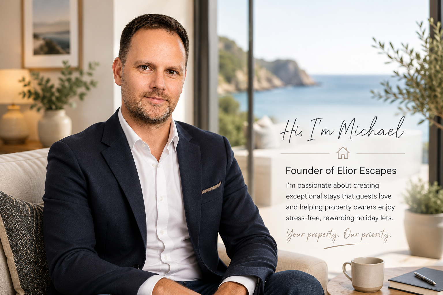 A man in a dark blazer and white shirt sitting on a beige couch in a well-lit living room with a view of a balcony overlooking a beach and water. There are plants and a framed picture behind him, with a mug and notebook on a table nearby.