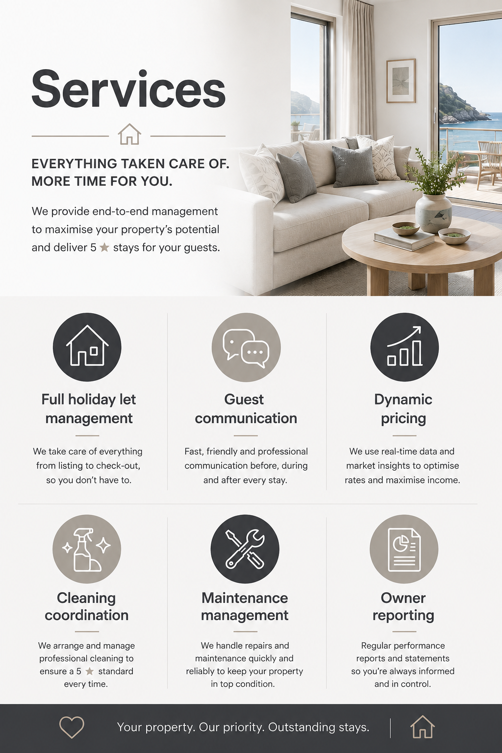 Advertisement for property management services featuring a bright living room with a sofa, coffee table, and ocean view, and icons representing management services such as holiday let management, guest communication, pricing, cleaning, maintenance, and owner reporting.