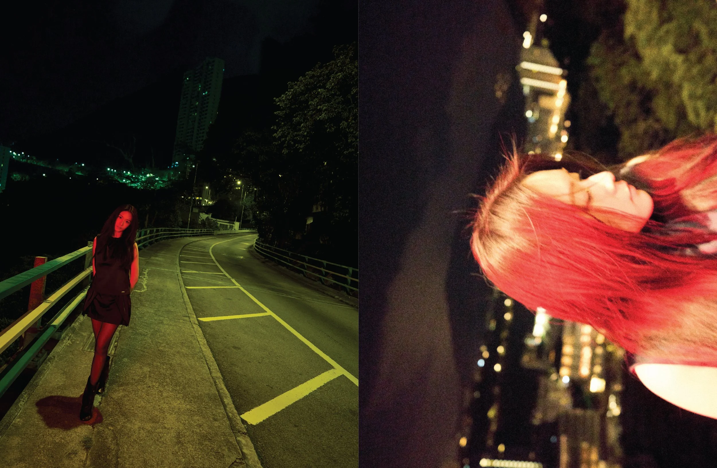 Cloud wan, Nighttime cityscape with a woman with red hair standing on a curved road, illuminated city buildings in the background, and a close-up of red hair against a dark, blurred city lights background.