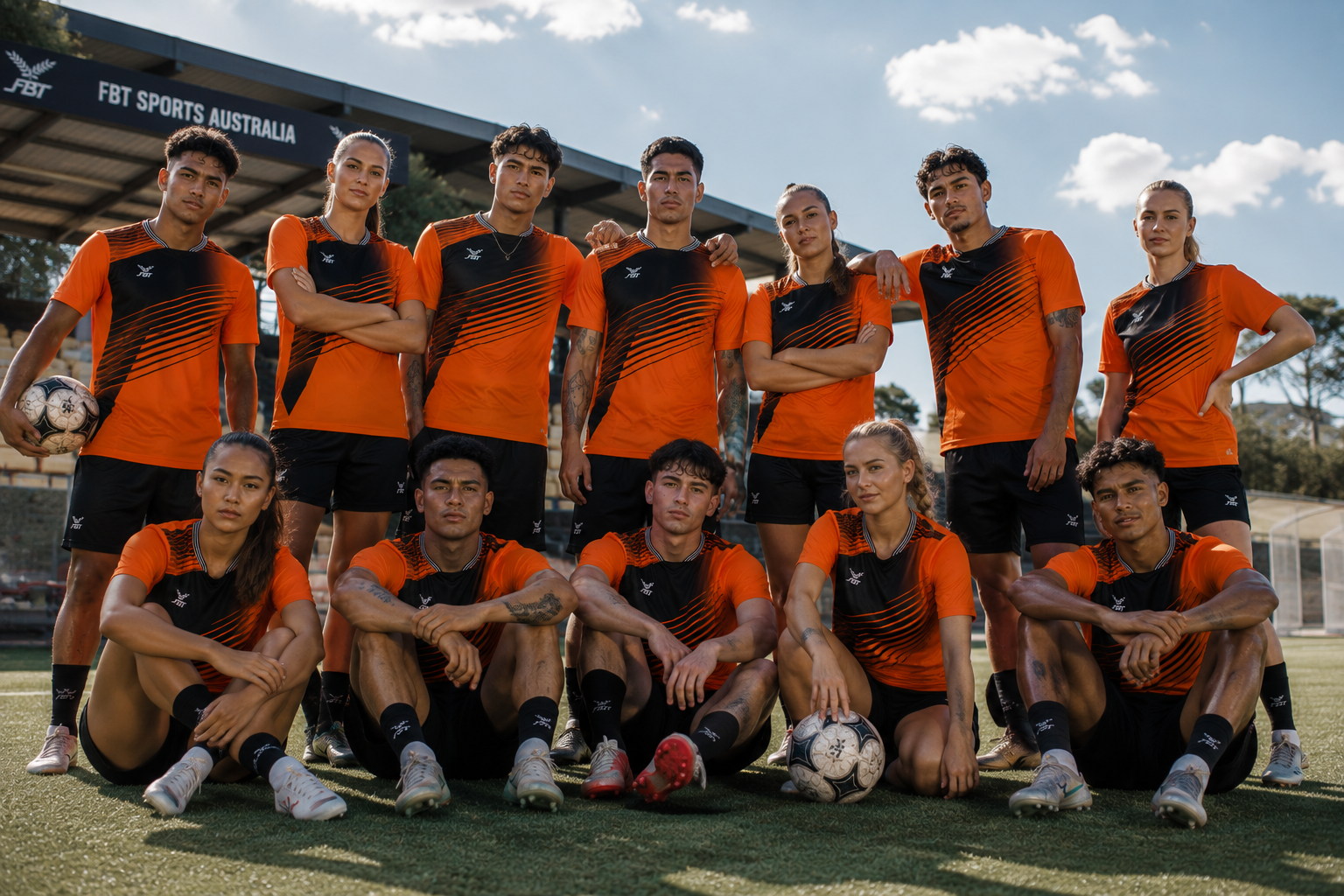 A group of young soccer players in orange and black uniforms posing on a soccer field, with some standing and others sitting in front, under a blue sky with clouds.