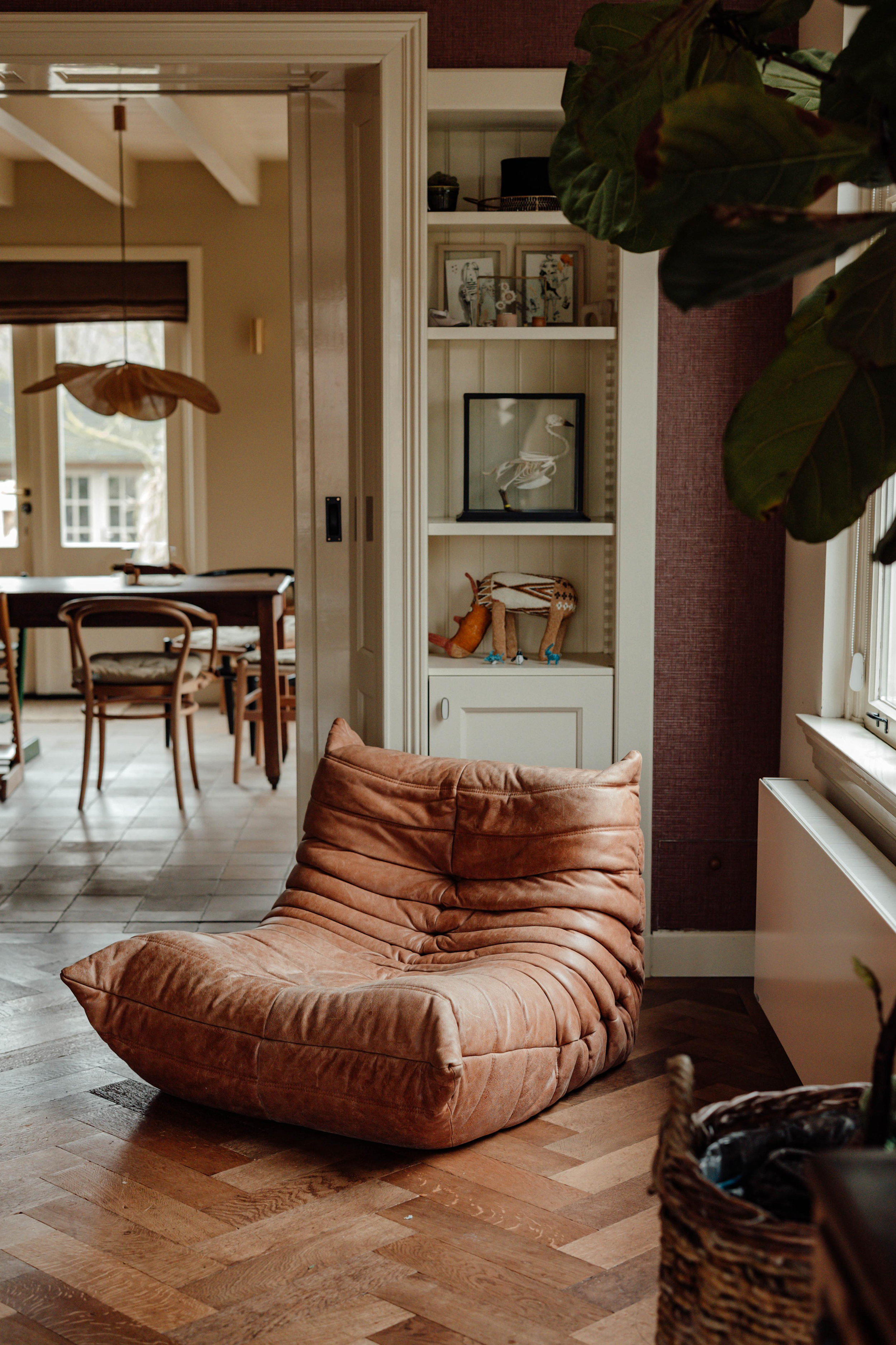 Een binnenruimte met een lichte garderobe, een grote roze bank, een tafel met stoelen, een boekenkast met decoraties en een grote groene plant, alles in een warm en rustgevend huis.