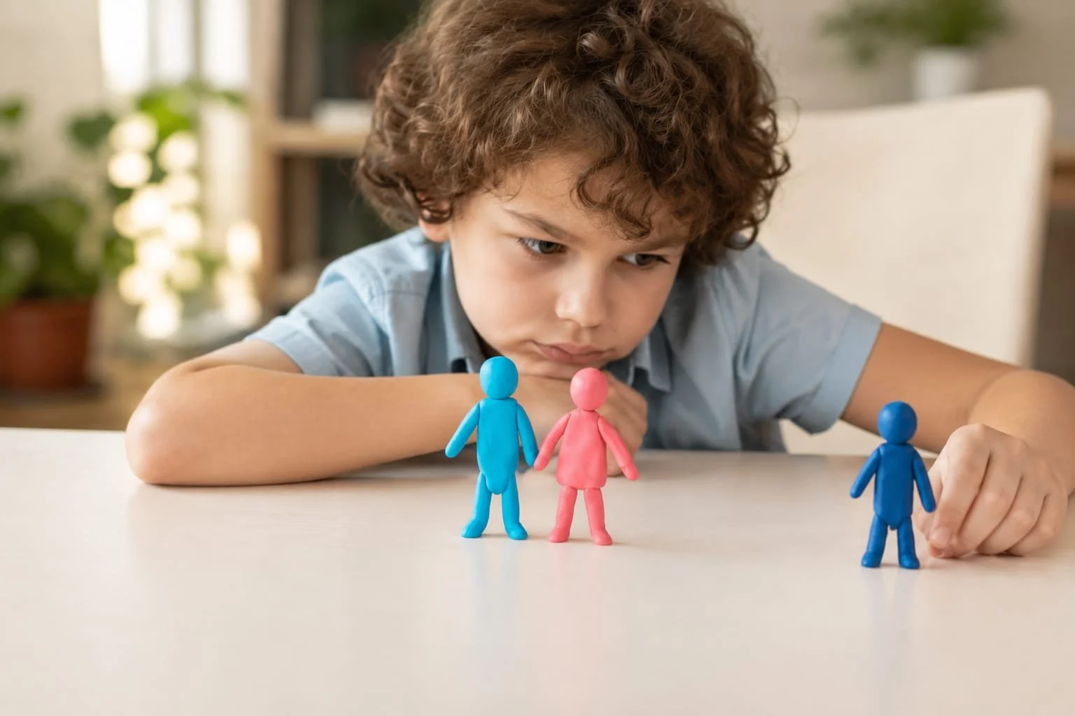 A young boy with curly hair looks at and reaches towards small blue and pink plastic figurines on a white table.