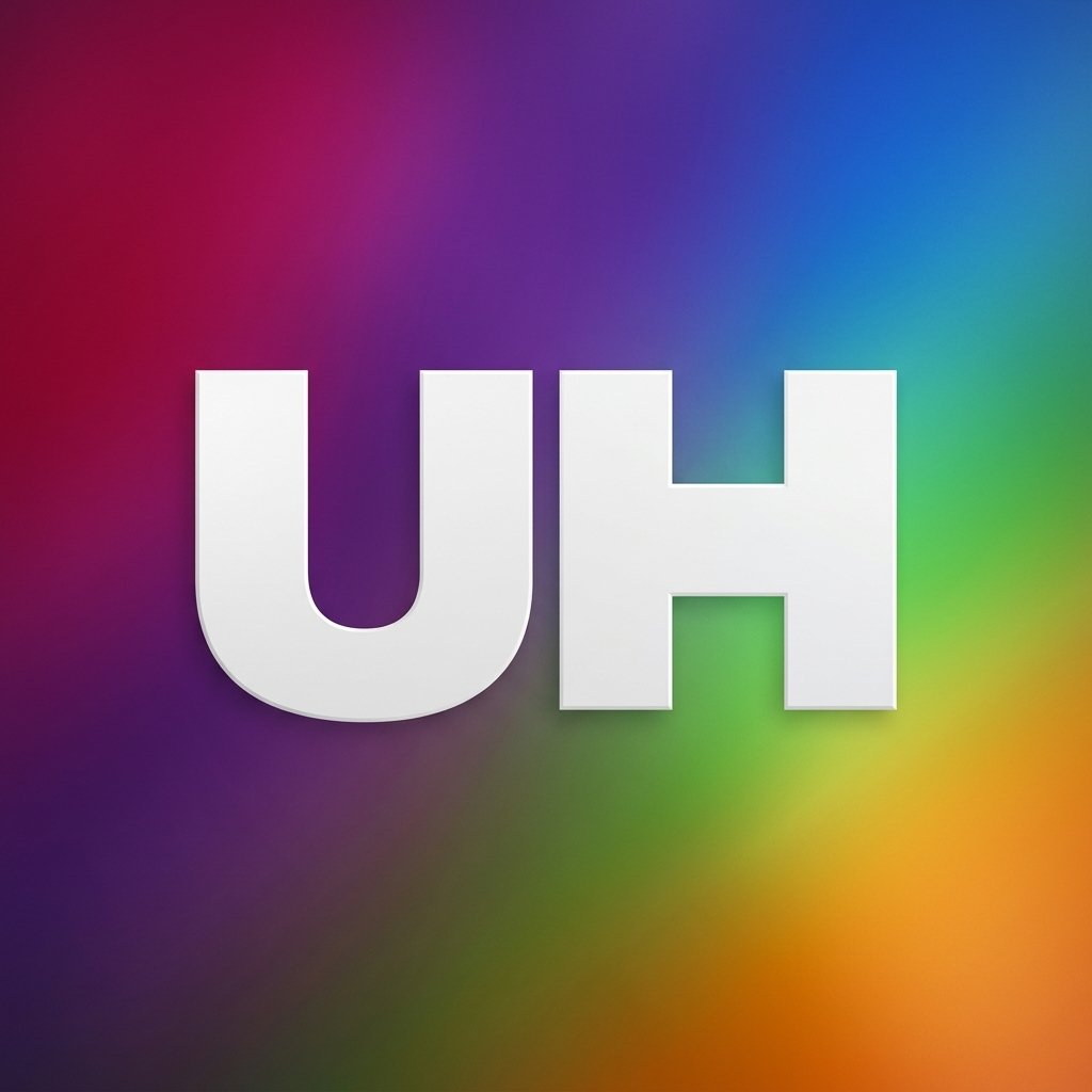 White block letters spelling 'UH' on a blurred multicolor background.
