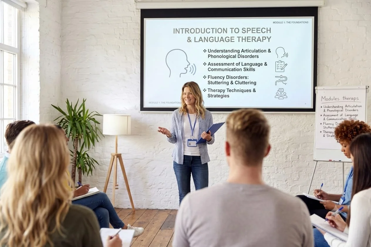 A woman giving a presentation on speech and language therapy to a group of adult students in a bright, modern classroom with white brick walls. A large screen displays the presentation topics, and a whiteboard with notes is on her right.