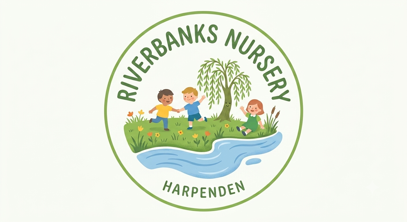 Logo for Riverbanks Nursery in Harpenden with three children playing near a tree and a stream.