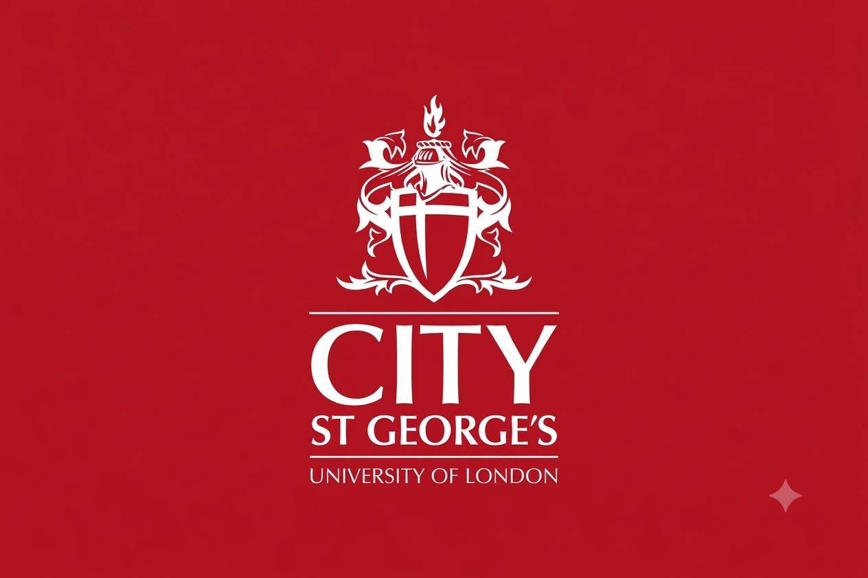 Logo of City of St George's, University of London with a red background, white crest, and text.