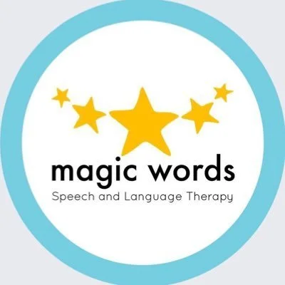 Logo for Magic Words Speech and Language Therapy with yellow stars and blue circular border.