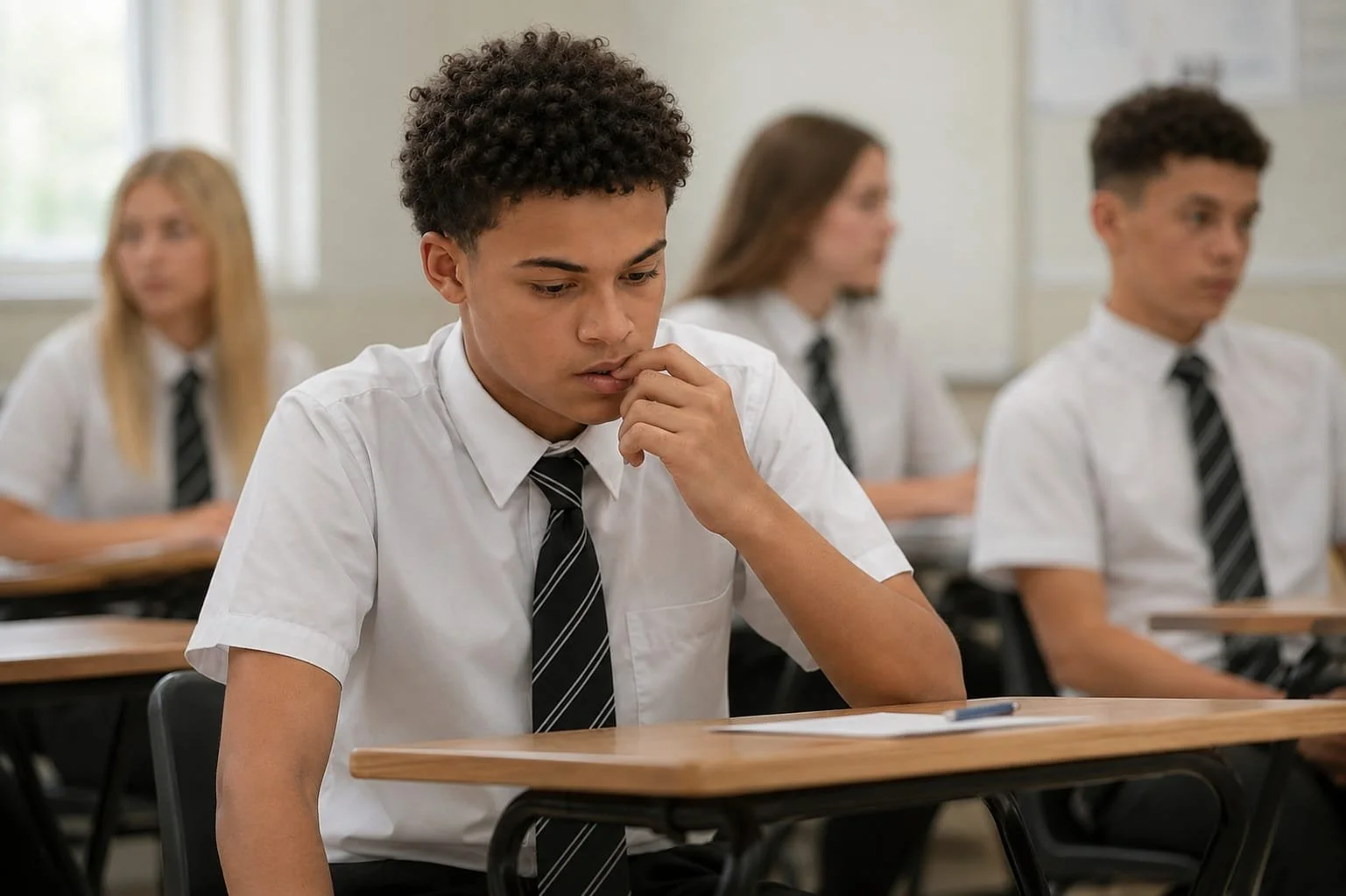 A male student with curly hair in a white school uniform shirt and striped tie sitting at a desk in a classroom, looking thoughtful with his hand near his mouth. Other students are visible in the background.
