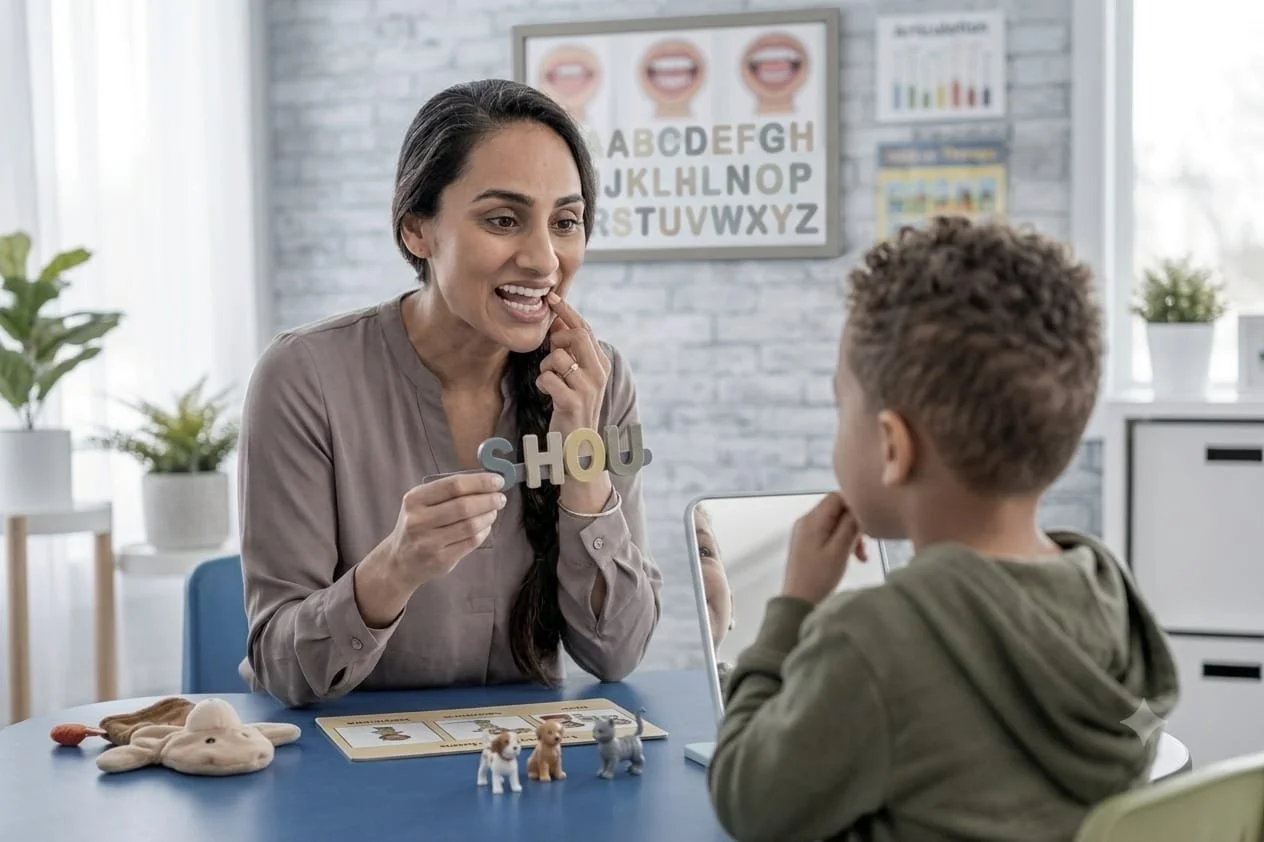 A woman and a young boy are sitting at a table during a speech therapy session. The woman is holding a sign that says "SHOU" and appears to be guiding the boy with a speech exercise. The room has educational posters and a white brick wall.
