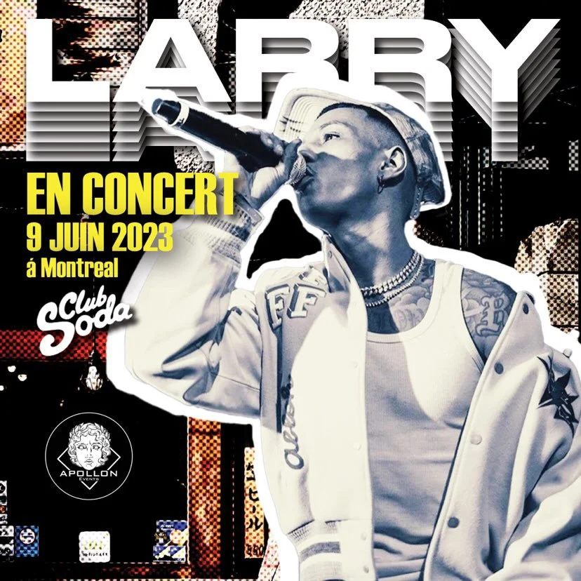 Promotional poster for a concert featuring a female rapper, with text indicating the event is on June 9, 2023, in Montreal, with the artist holding a microphone and wearing a baseball cap and white jacket.