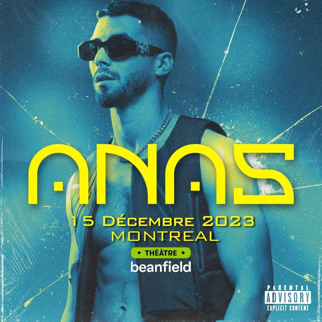 Poster for a concert or event in Montreal on December 15, 2023, featuring a man with sunglasses, tattooed chest, and a serious expression. The background has blue tones with yellow text and graphic elements.