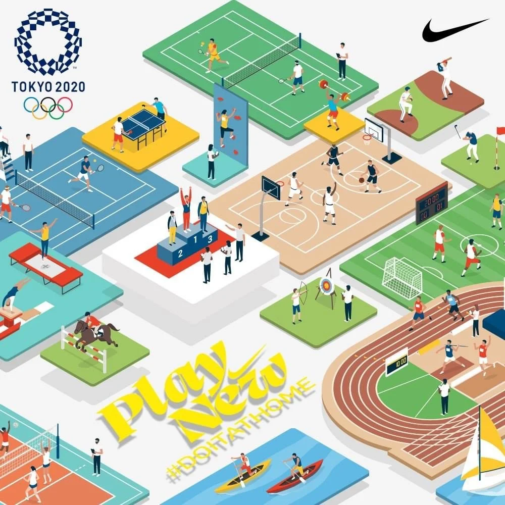 An illustration of various Olympic sports and activities including tennis, badminton, table tennis, rock climbing, basketball, soccer, horse jumping, archery, sailing, and running. The Olympics Tokyo 2020 logo and Nike logo are also visible, with tex