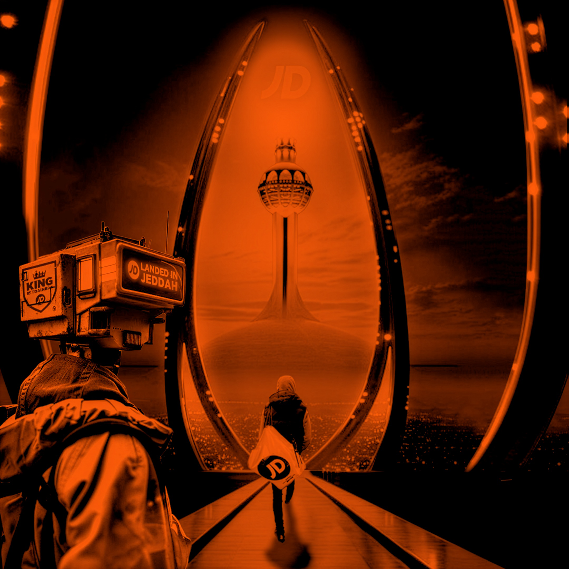 A person standing on a bridge or walkway at sunset with a Ferris wheel in the background, illuminated with orange lights.