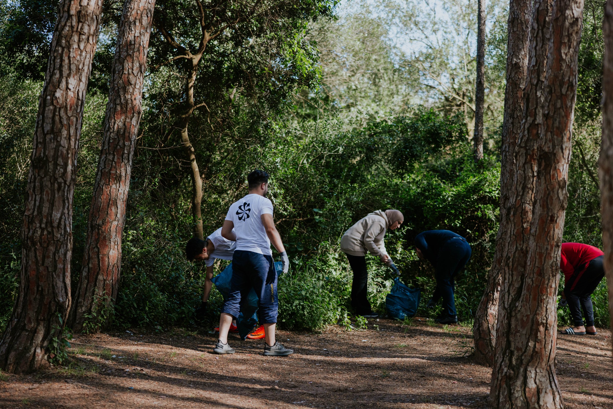 People working together outdoors in a lush green forest, likely planting or cleaning up.
