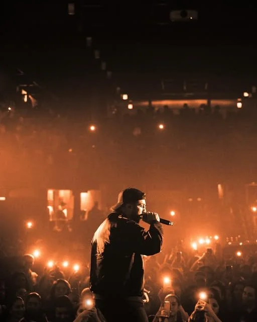 A performer is singing into a microphone on stage at a concert, with a crowd holding up lights in the background.