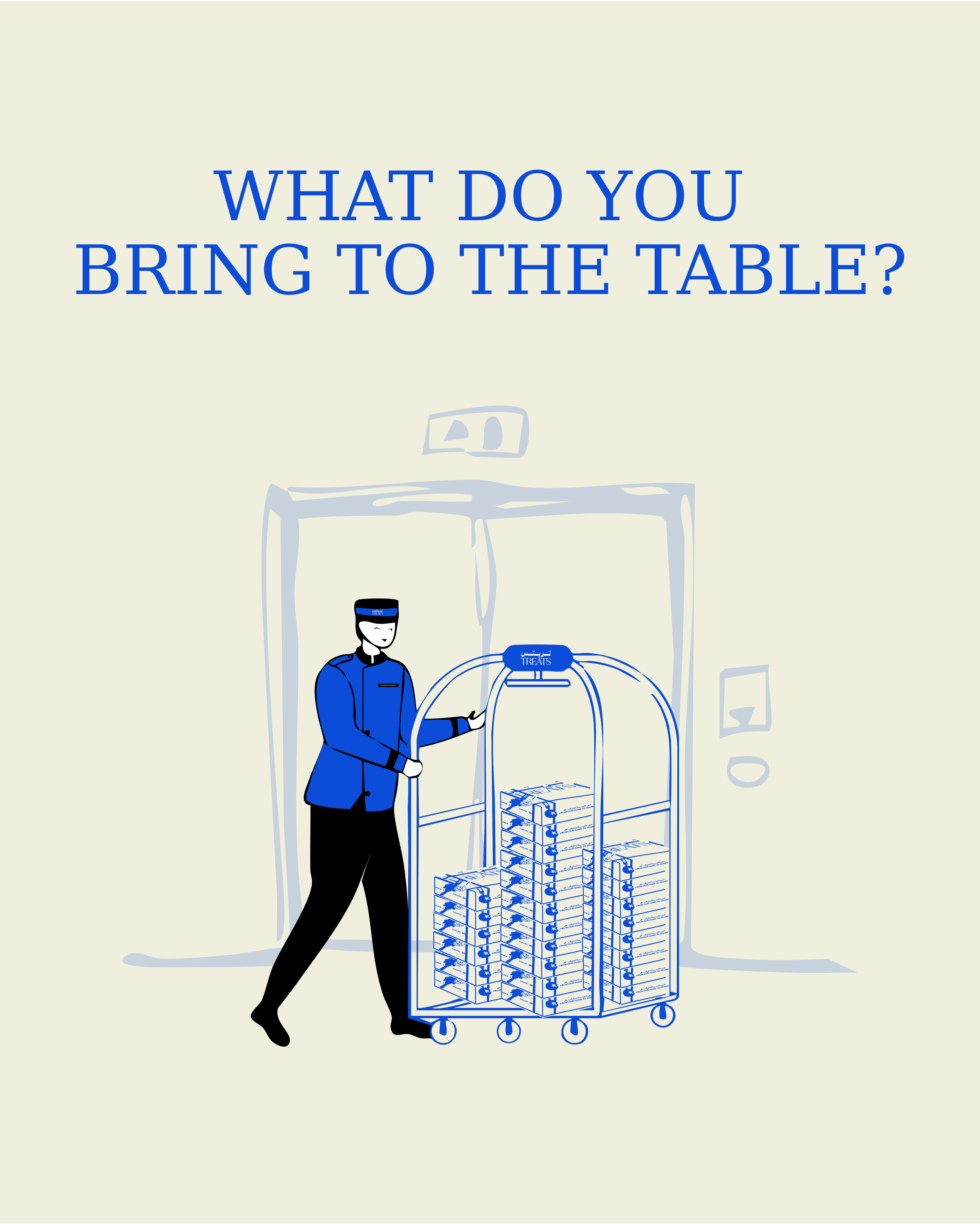 A digital illustration of a person in a blue uniform and a cap, pushing a shopping cart filled with boxes of treats, standing inside an outline of a vending machine, with the text "What do you bring to the table?" displayed above.