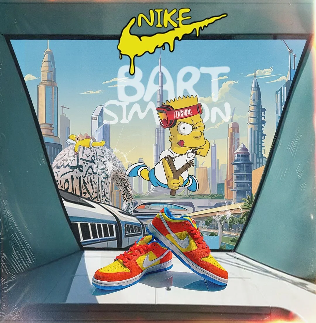 A pair of Nike sneakers with red, yellow, and blue colors are placed on a white surface, with a vibrant cartoon cityscape background featuring Homer Simpson from The Simpsons wearing a fusion headset, with skyscrapers, a bus, and a Springfield landma