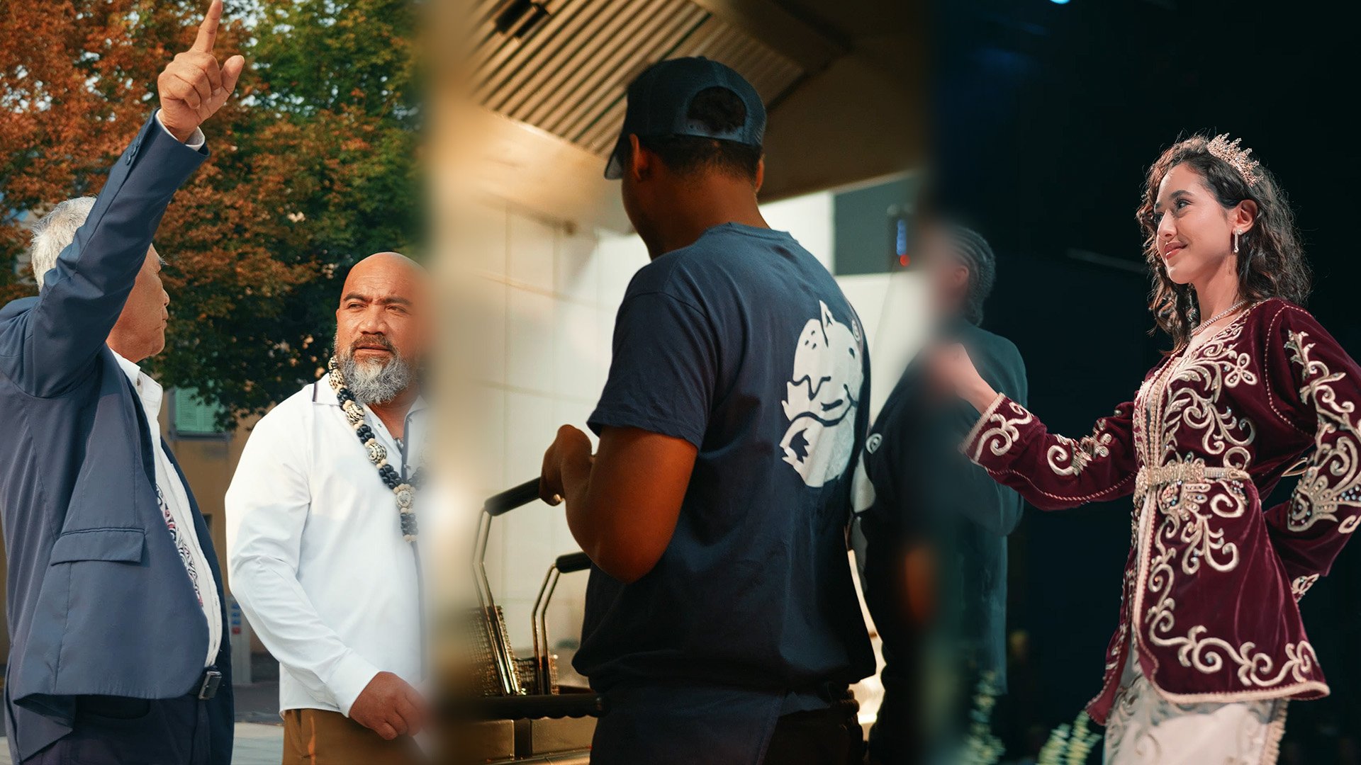 Triptyque montrant deux hommes en discussion, un homme cuisinant dans un restaurant, et une femme portant une couronne défilant sur un podium.