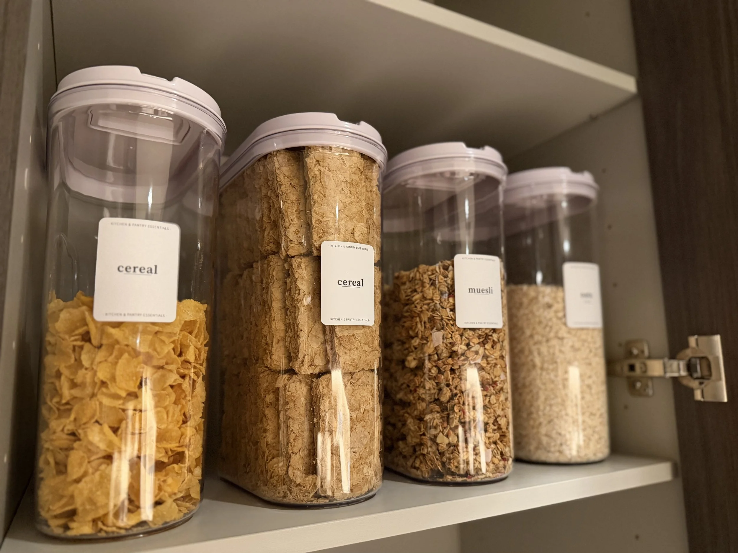 Breakfast cereals decanted into matching clear dispensers