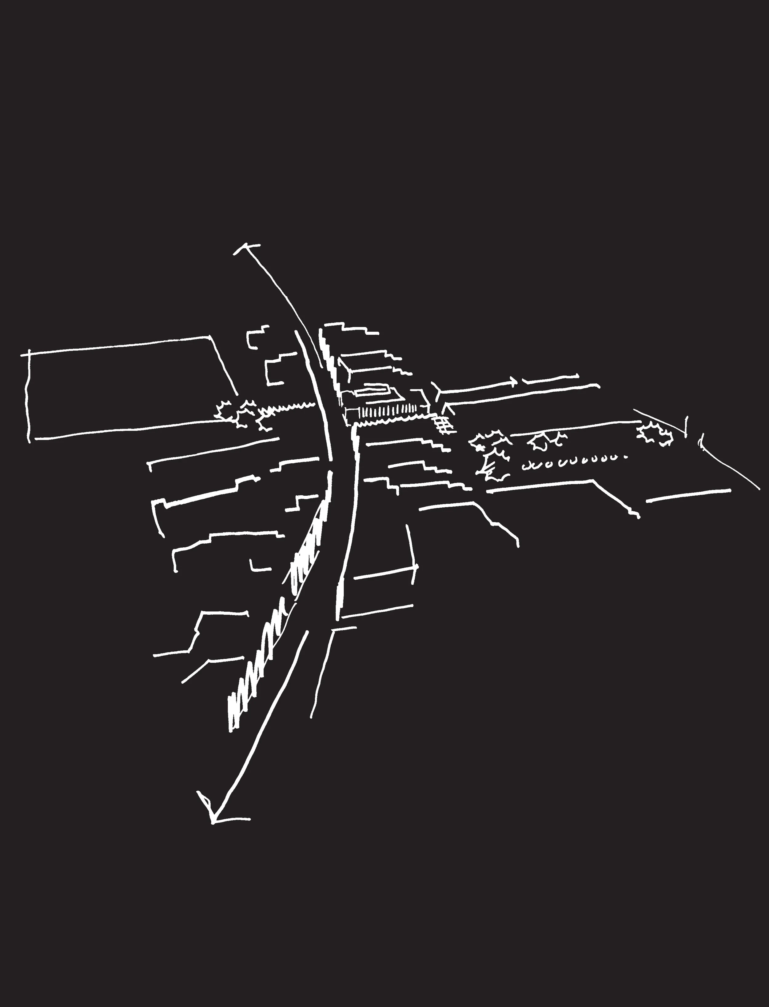 Line drawing of a landscape with roads, trees, and buildings on a black background.