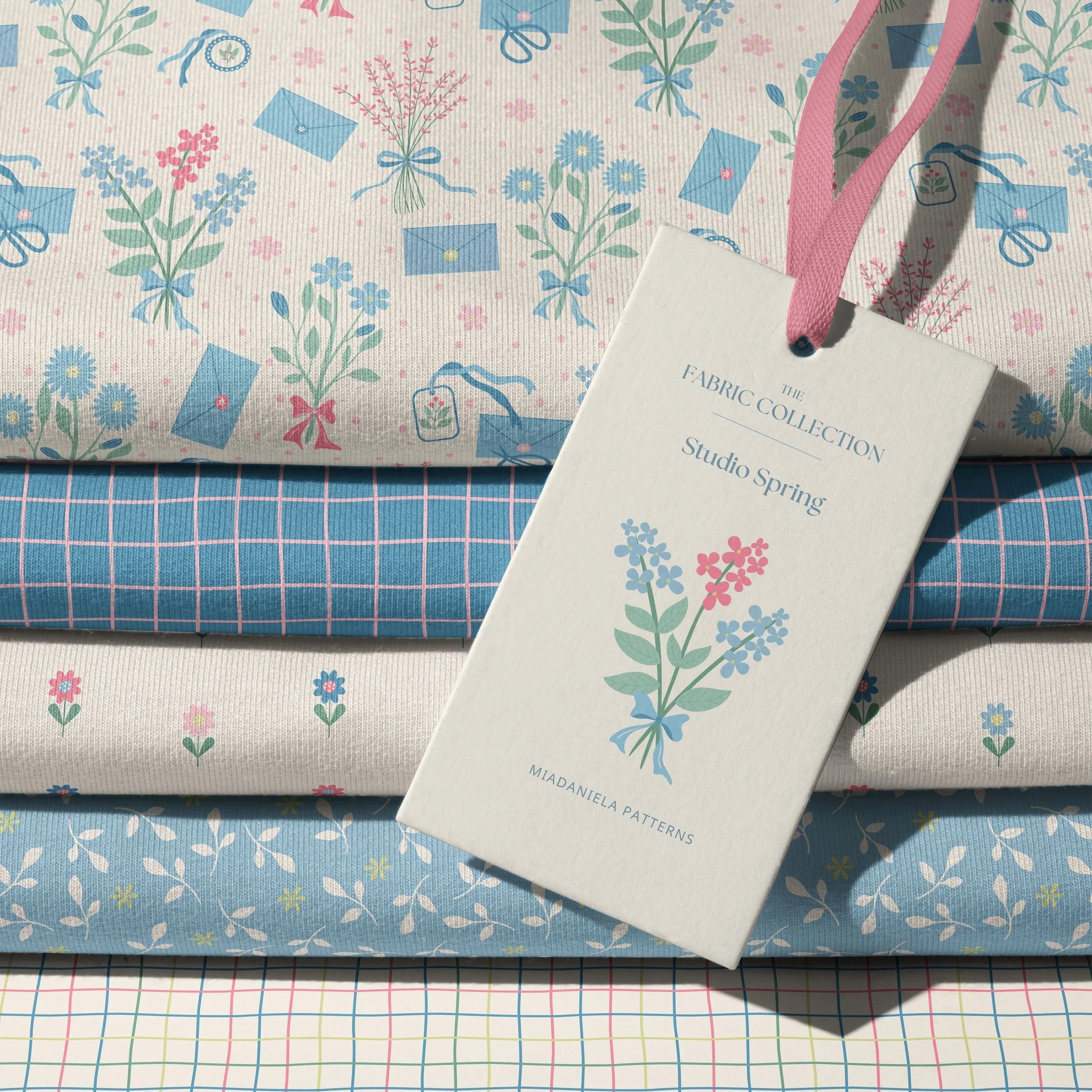 Fabric collection featuring coordinated Studio Spring floral patterns suitable for quilting, children's sewing projects, apparel and handcrafted accessories.