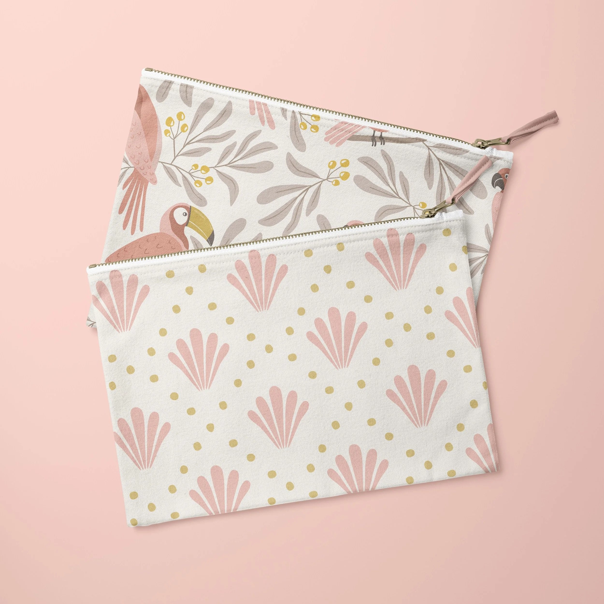 Zipper pouch mockup featuring coordinated botanical surface pattern designs from the Parrot Garden Soft Sand colorway.
