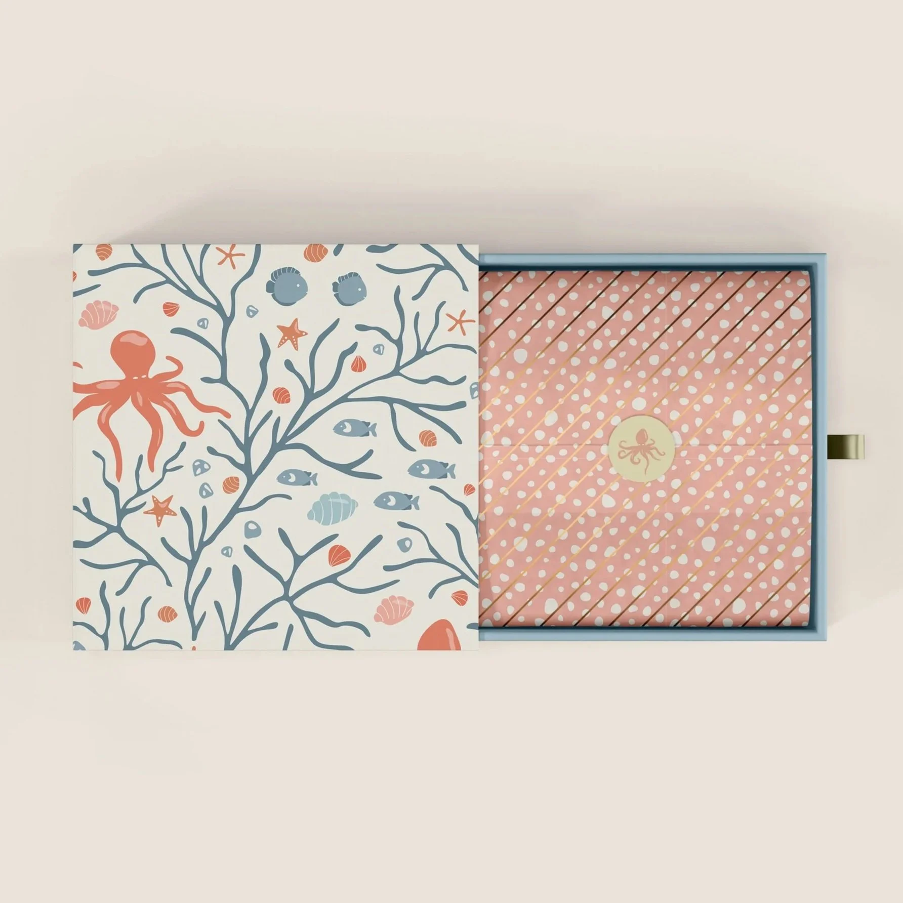 Boutique packaging mockup featuring the Coastal Coral Reef collection in the Sunlit Coral colorway applied to premium gift boxes and paper goods.