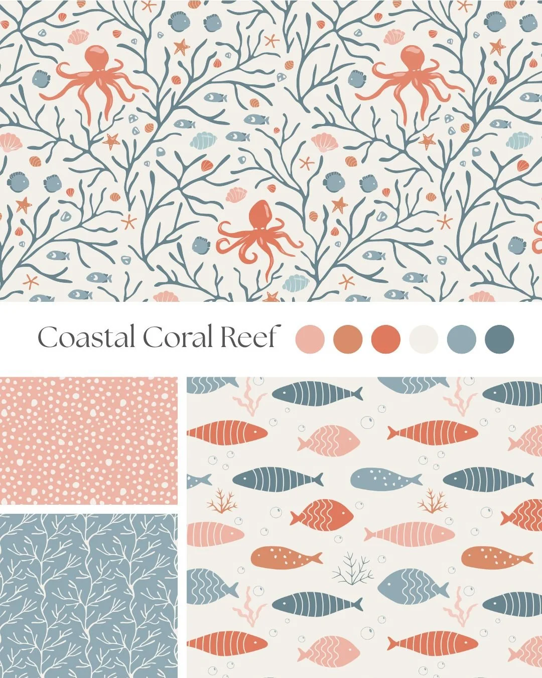 Coastal Coral Reef surface pattern collection inspired by coral reefs, fish, octopus and playful underwater life.