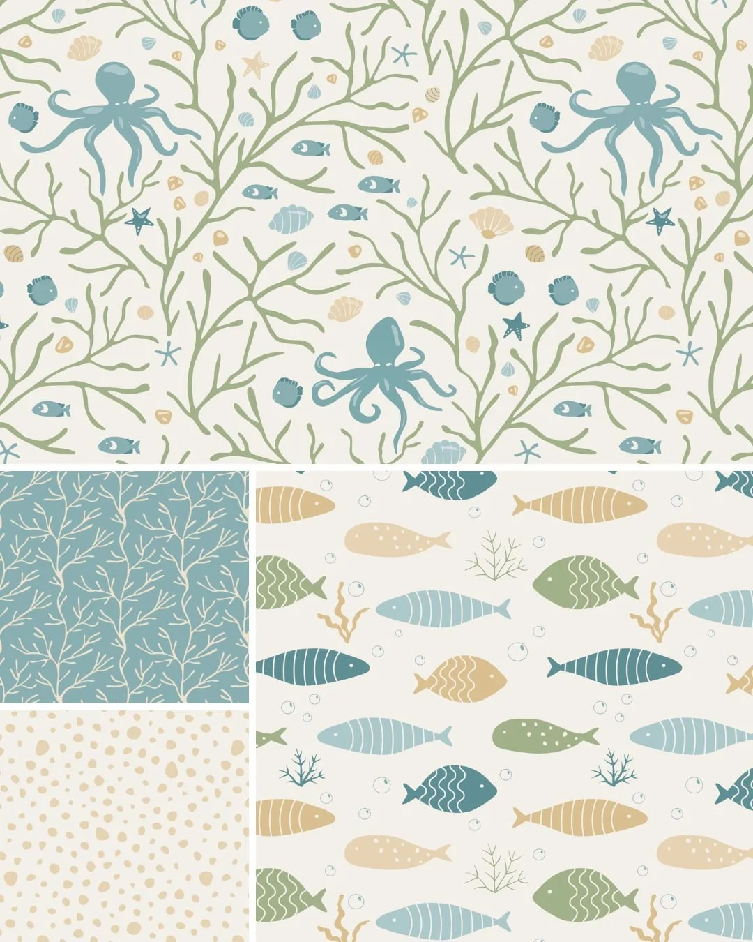 Coastal Coral Reef surface pattern collection in the Seafoam Calm colorway featuring octopus, coral branches and coordinating underwater prints.