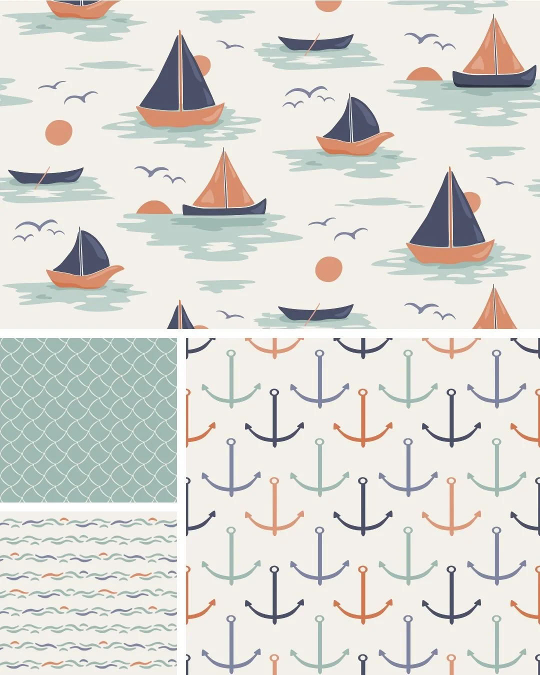 Dusk Sailing surface pattern collection featuring sailboats, calm waves and nautical motifs in soft coastal colors.