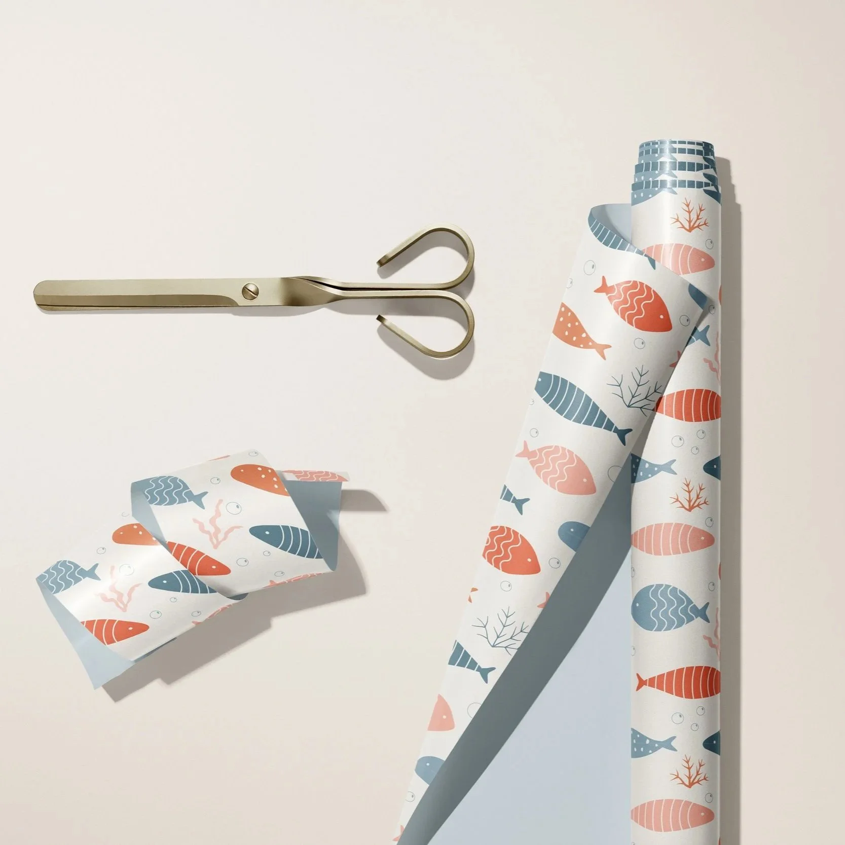 Wrapping paper collection featuring coordinated underwater surface pattern designs from the Coastal Coral Reef collection in the Sunlit Coral colorway.