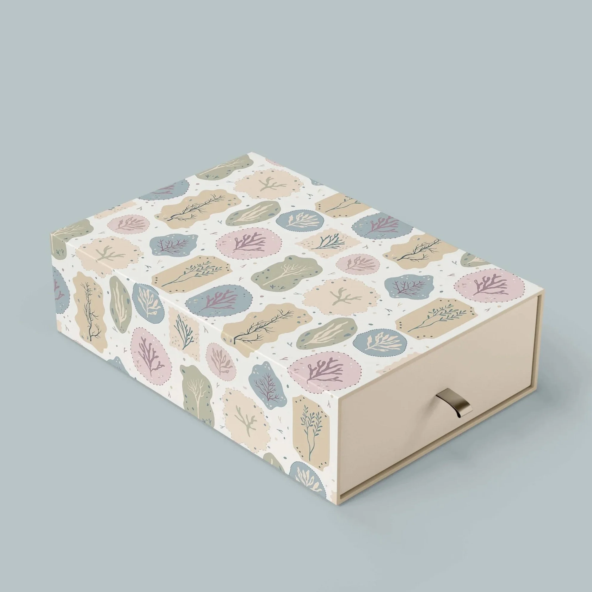 Luxury drawer gift box mockup featuring the Collected Sea Botanicals surface pattern collection.