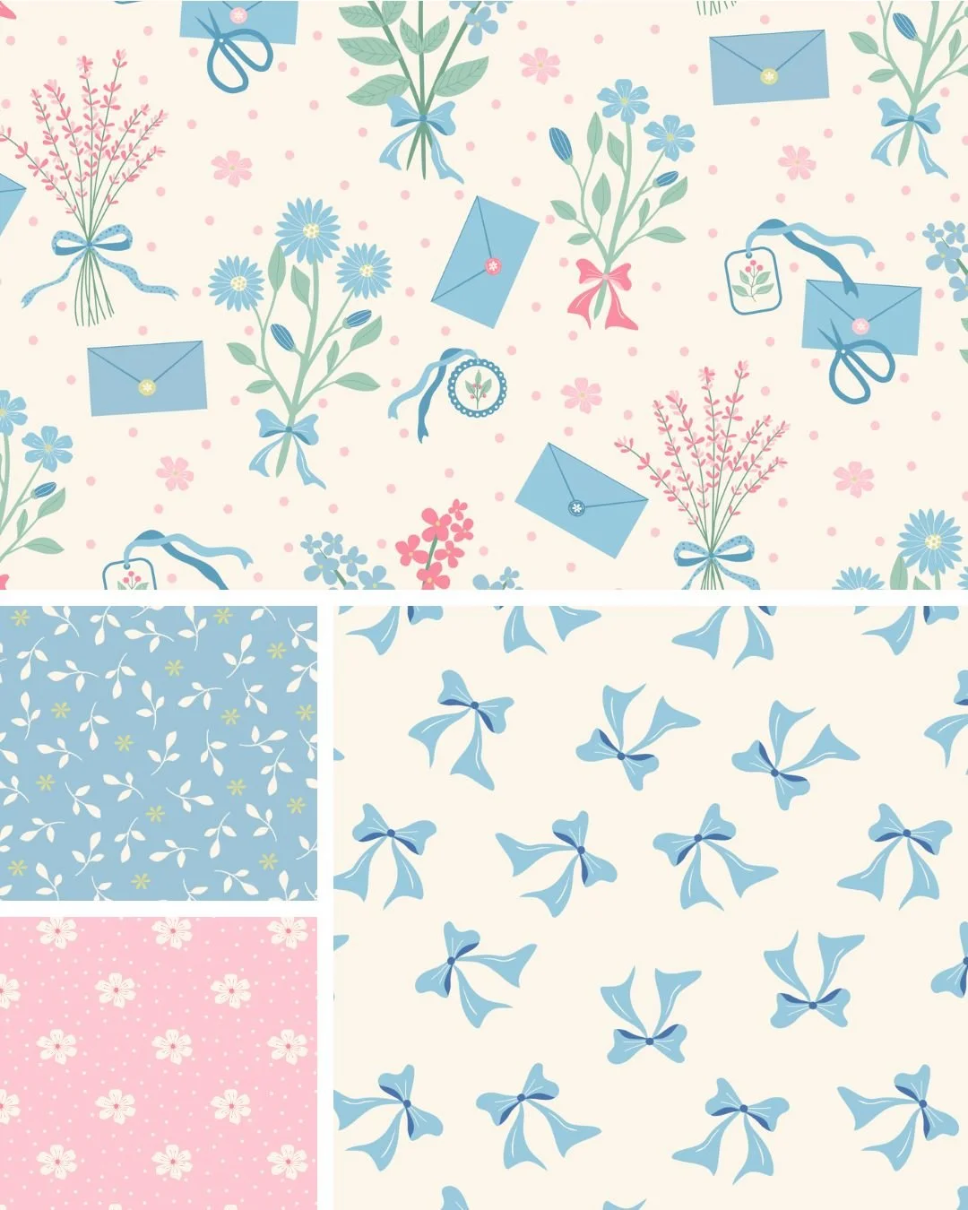 Studio Spring surface pattern collection featuring blooming spring flowers, blue envelopes, gift ribbons and coordinated floral patterns in soft pastel pink, blue, yellow and sage green.