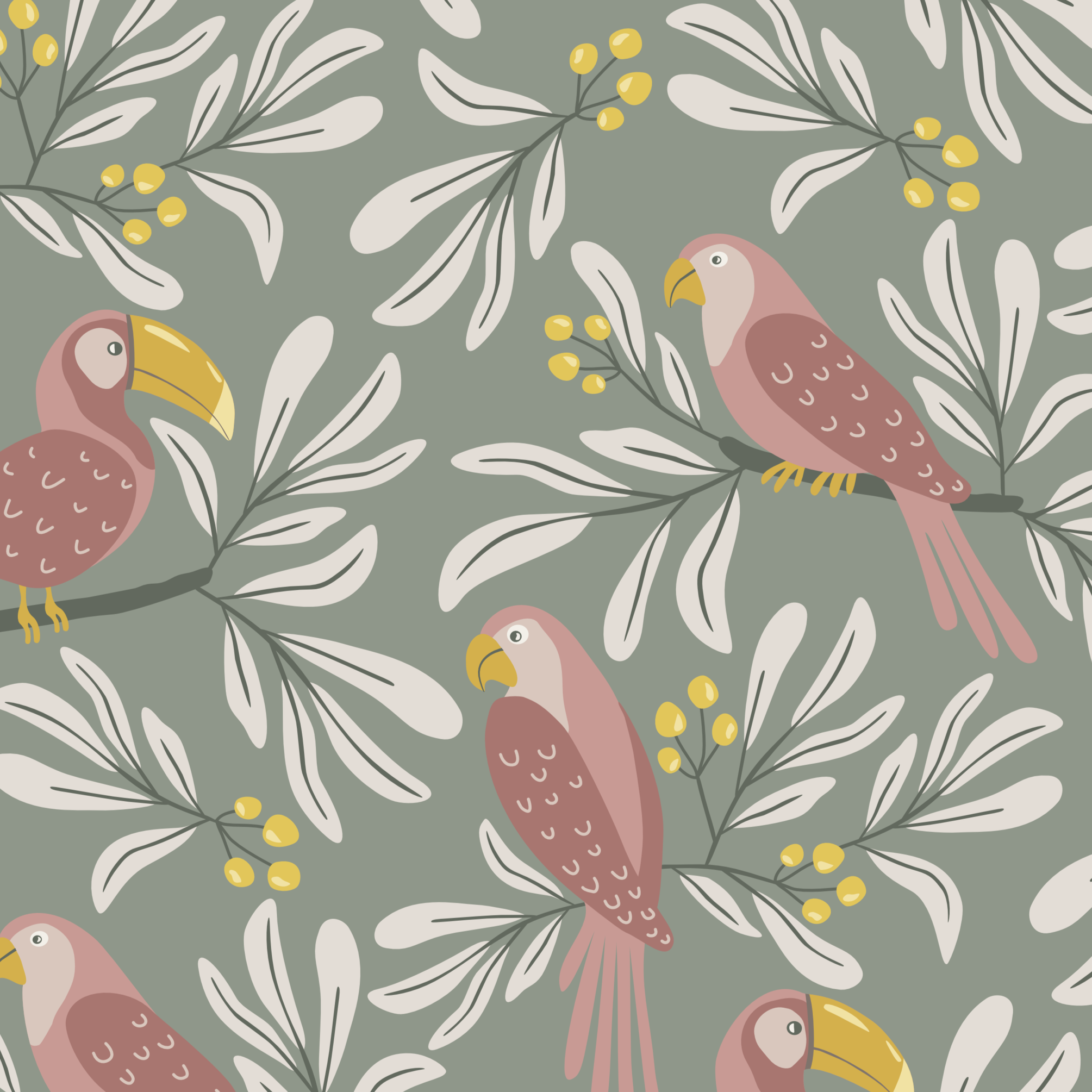 Parrot Garden pattern collection featuring parrots, olive branches and soft botanical elements in an earthy color palette.