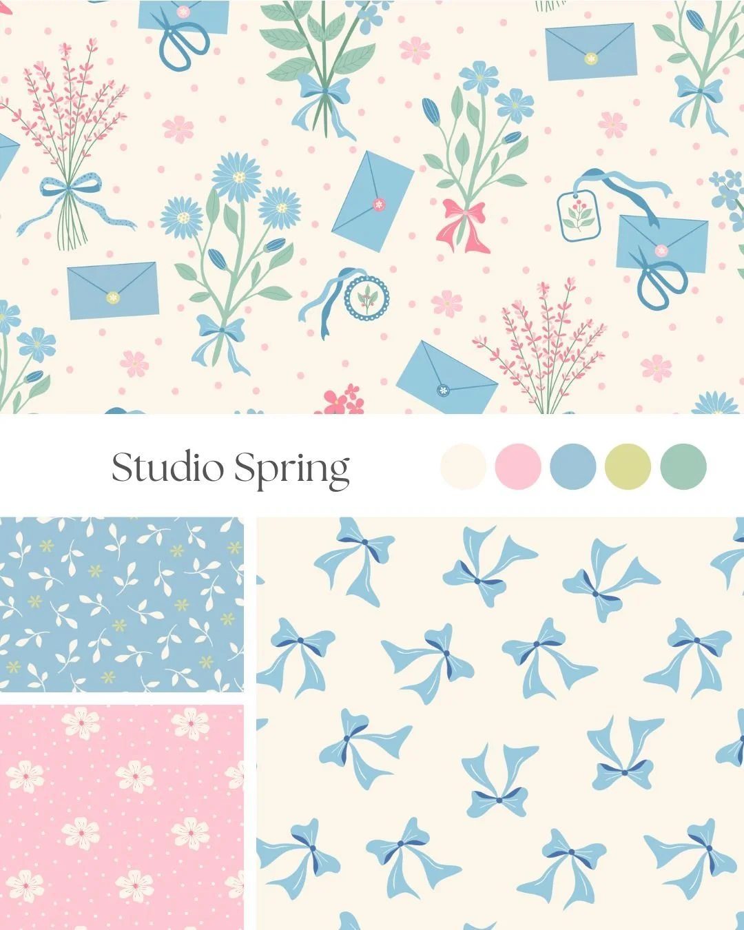 Studio Spring surface pattern collection featuring delicate florals, envelopes, ribbons and soft spring-inspired illustrations.