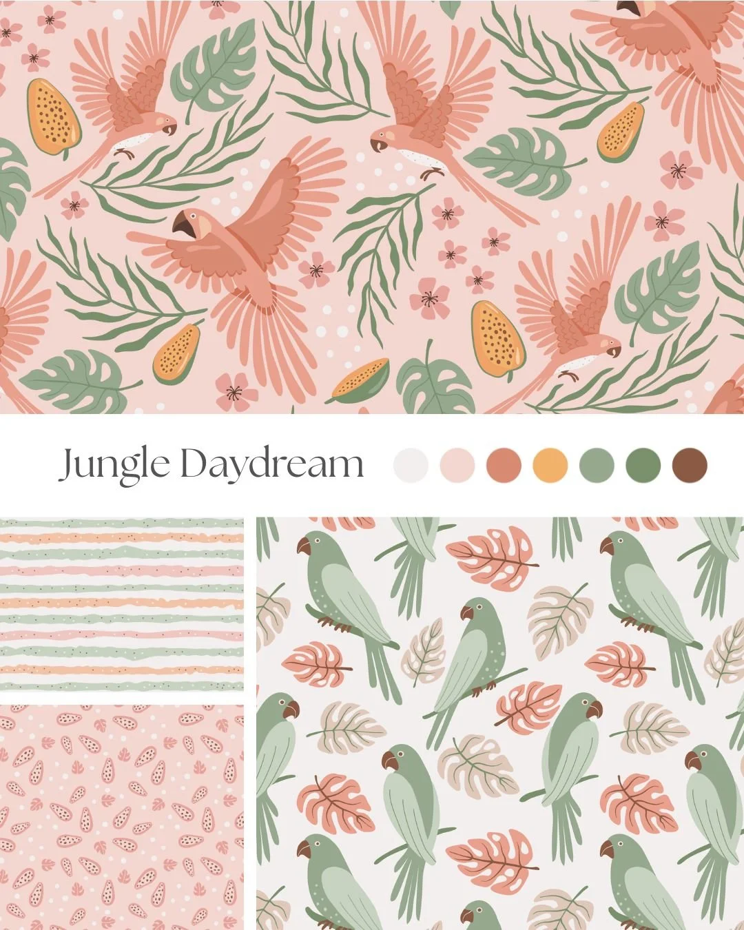 Jungle Daydream surface pattern collection featuring tropical birds, botanical foliage and playful jungle-inspired motifs.