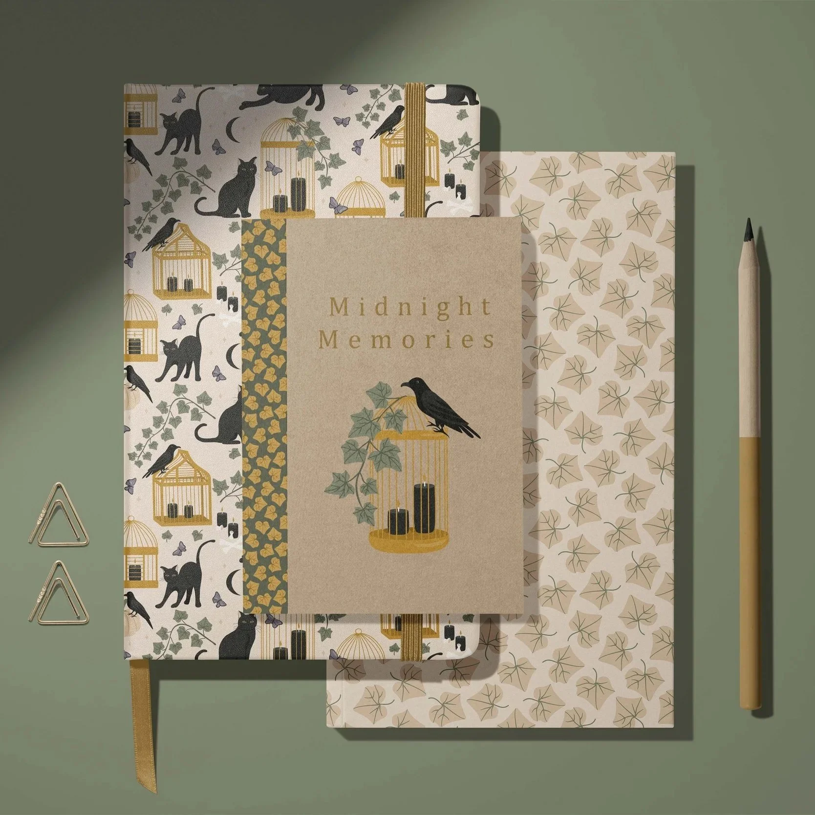 Stationery mockup featuring The Midnight Society surface pattern collection applied to notebooks, journals and coordinated desk accessories.