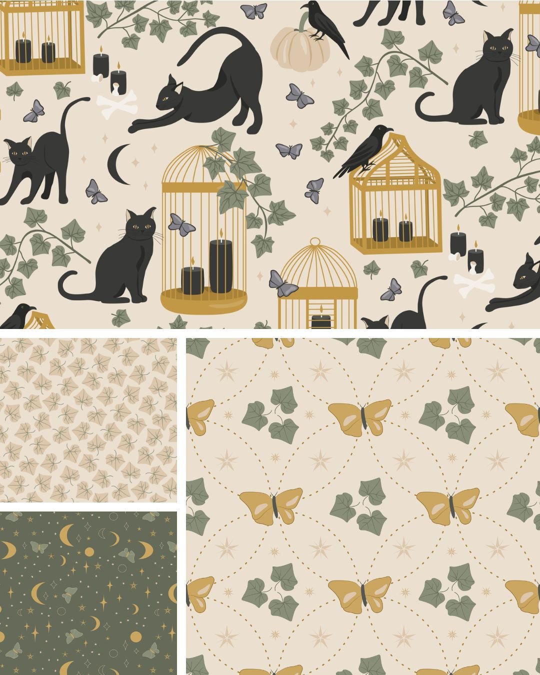 The Midnight Society surface pattern collection featuring black cats, vintage birdcages, ivy, butterflies and coordinating botanical prints.