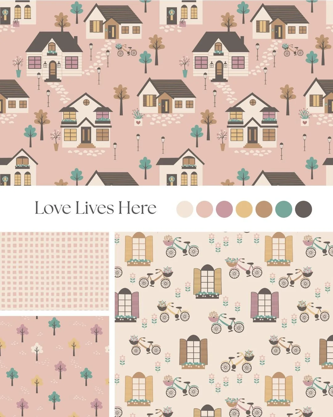 Love Lives Here surface pattern collection featuring illustrated houses, bicycles and cozy neighborhood motifs in a soft pastel palette.
