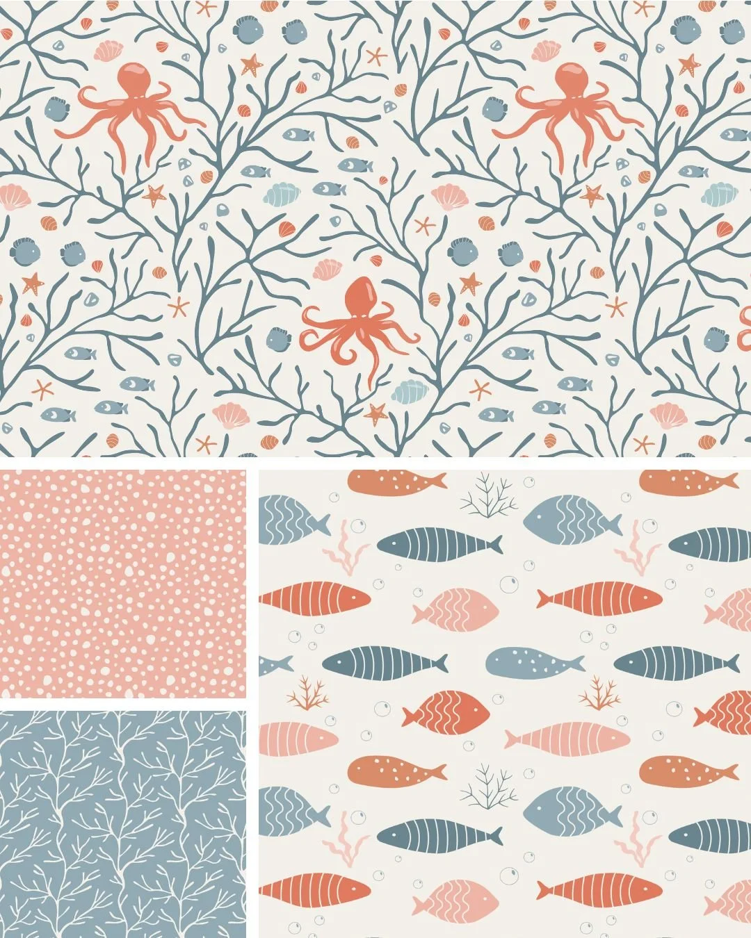 Coastal Coral Reef surface pattern collection in the Sunlit Coral colorway featuring octopus, coral branches and coordinating underwater prints.